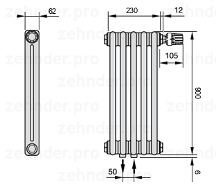 Схема (чертеж) Радиатор Zehnder Charleston 2090/5 №V008 Белый глянцевый RAL 9016